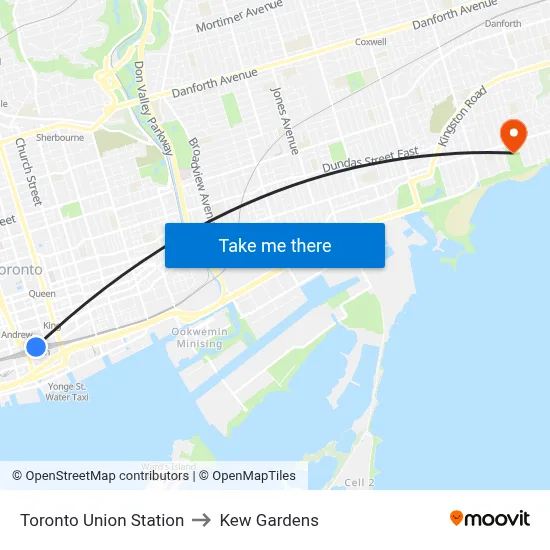 Toronto Union Station to Kew Gardens map