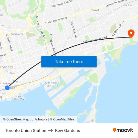 Toronto Union Station to Kew Gardens map