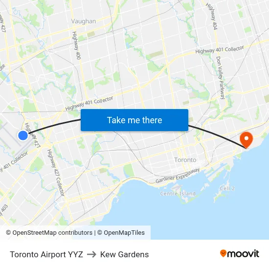 Toronto Airport YYZ to Kew Gardens map
