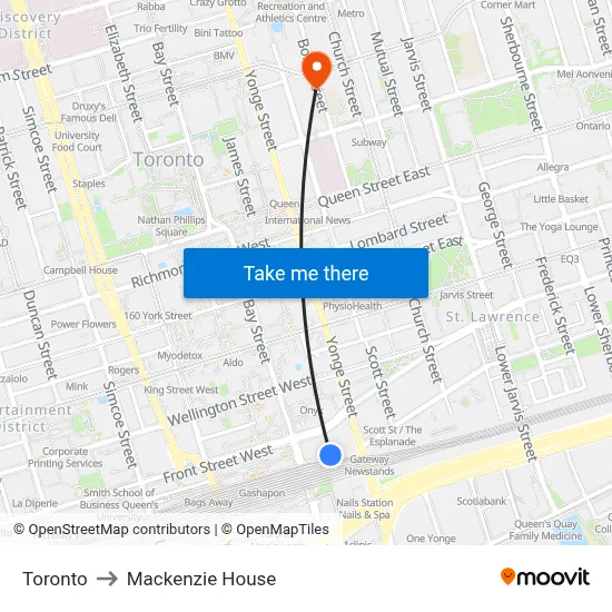 Toronto to Mackenzie House map