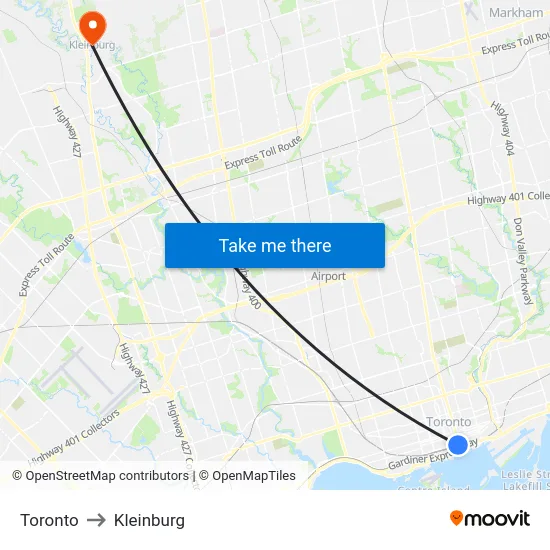 Toronto to Kleinburg map