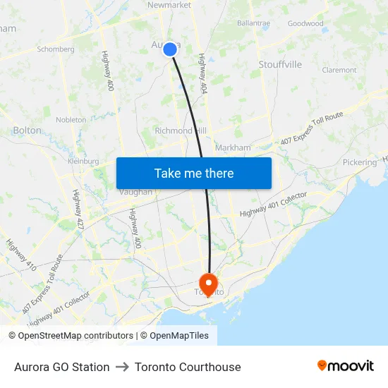 Aurora GO Station to Toronto Courthouse map