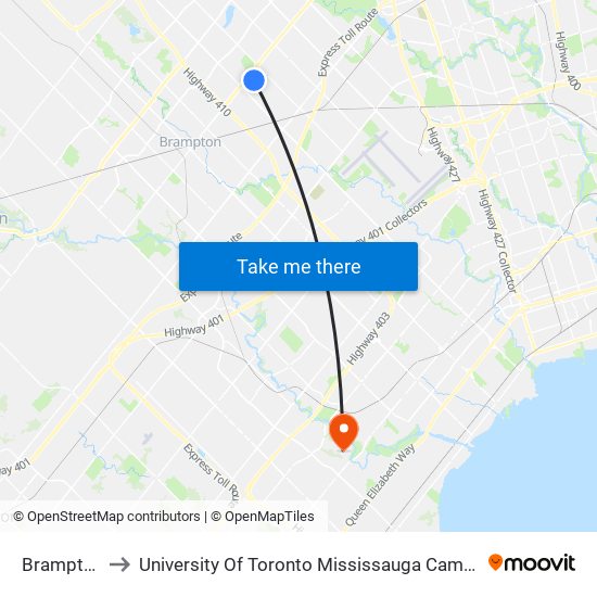 Brampton to University Of Toronto Mississauga Campus map
