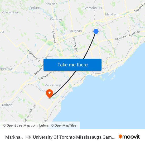 Markham to University Of Toronto Mississauga Campus map