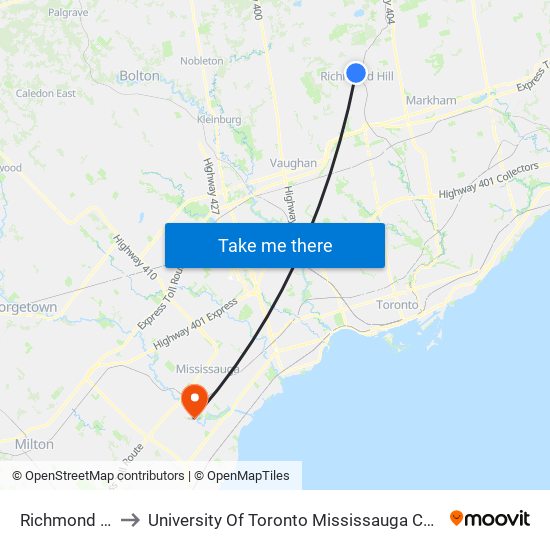 Richmond Hill to University Of Toronto Mississauga Campus map