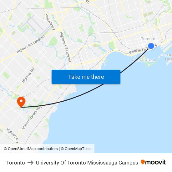 Toronto to University Of Toronto Mississauga Campus map