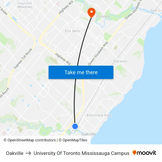 Oakville to University Of Toronto Mississauga Campus map