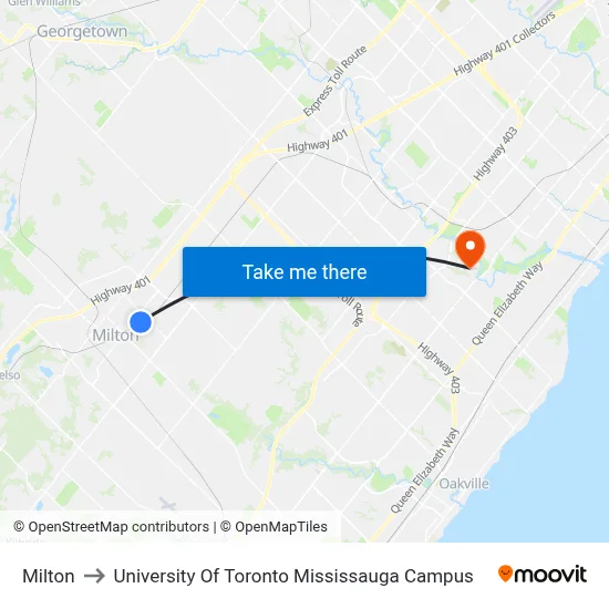 Milton to University Of Toronto Mississauga Campus map