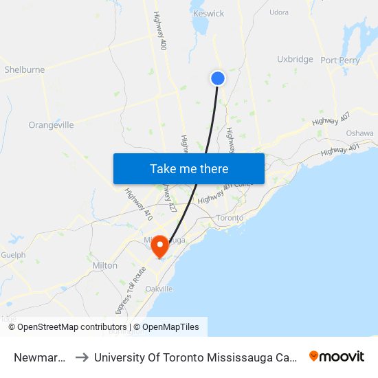 Newmarket to University Of Toronto Mississauga Campus map