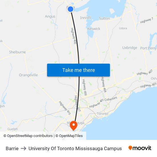 Barrie to University Of Toronto Mississauga Campus map