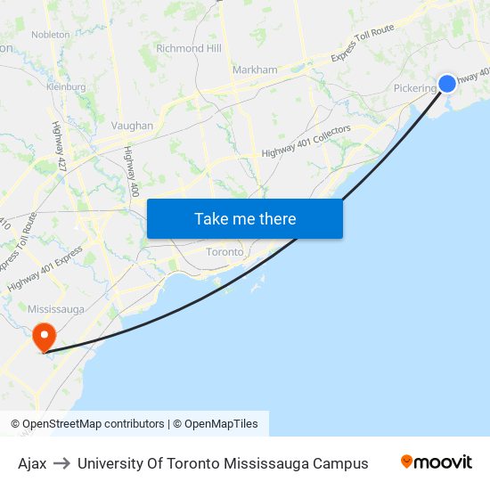 Ajax to University Of Toronto Mississauga Campus map