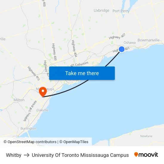 Whitby to University Of Toronto Mississauga Campus map