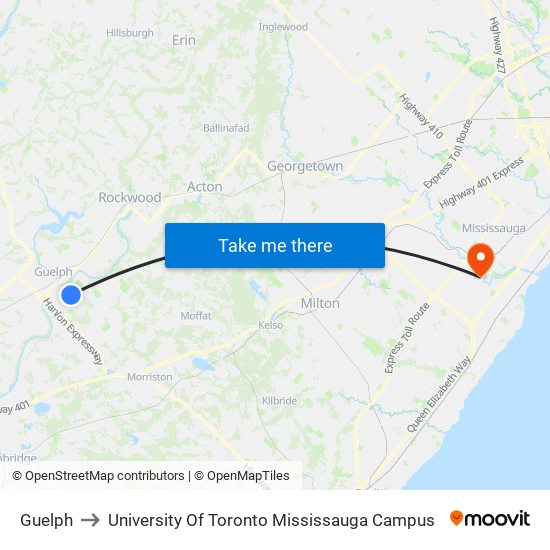 Guelph to University Of Toronto Mississauga Campus map