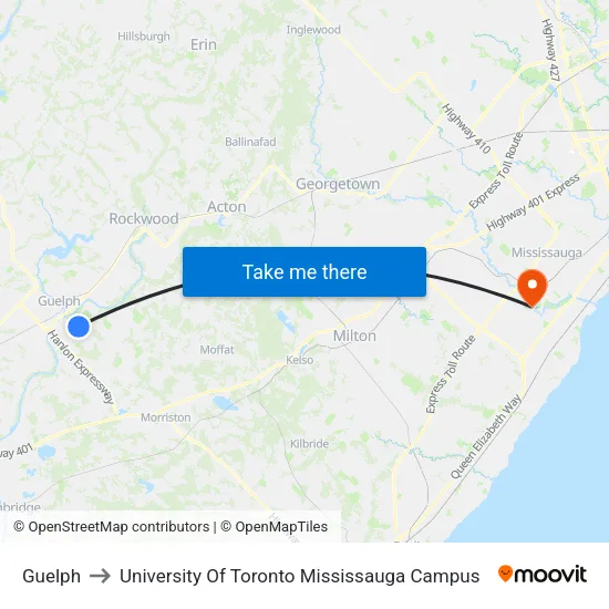 Guelph to University Of Toronto Mississauga Campus map