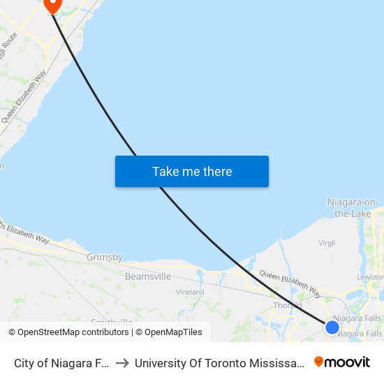 City of Niagara Falls, ON to University Of Toronto Mississauga Campus map