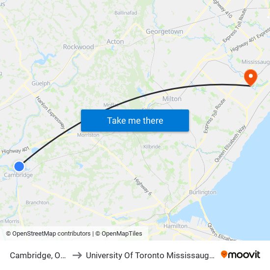 Cambridge, Ontario to University Of Toronto Mississauga Campus map