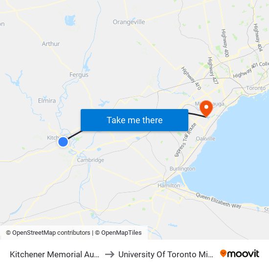 Kitchener Memorial Auditorium Complex to University Of Toronto Mississauga Campus map
