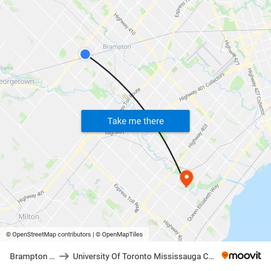 Brampton ON to University Of Toronto Mississauga Campus map