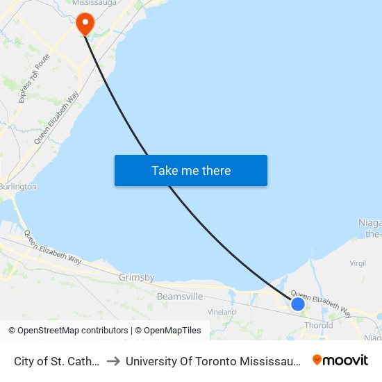 City of St. Catharines to University Of Toronto Mississauga Campus map