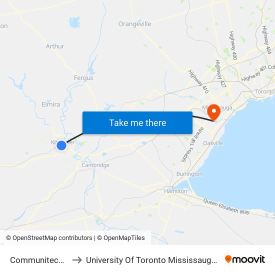 Communitech Hub to University Of Toronto Mississauga Campus map