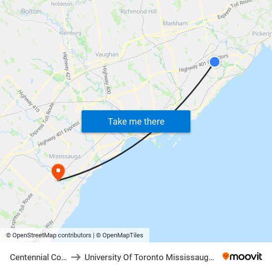 Centennial College to University Of Toronto Mississauga Campus map