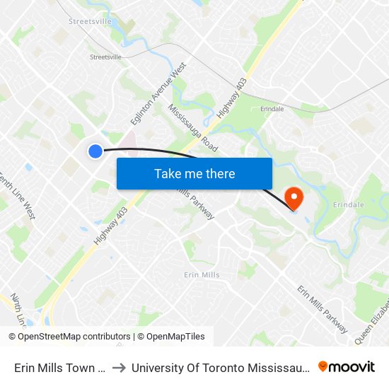 Erin Mills Town Centre to University Of Toronto Mississauga Campus map