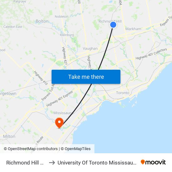 Richmond Hill Go Bus to University Of Toronto Mississauga Campus map