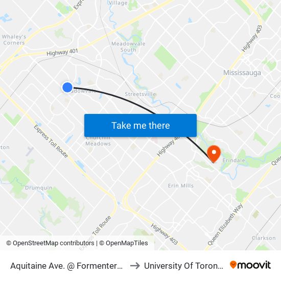 Aquitaine Ave. @ Formentera Ave. (Meadowvale Town Centre) to University Of Toronto Mississauga Campus map