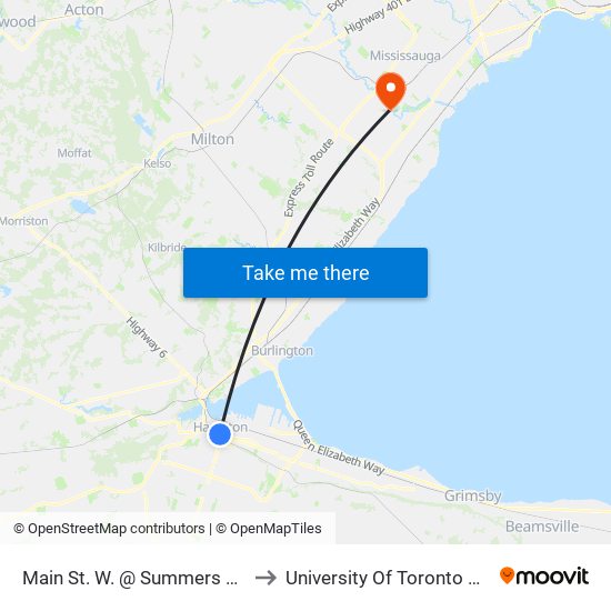 Main St. W. @ Summers Ln. (Hamilton City Hall) to University Of Toronto Mississauga Campus map