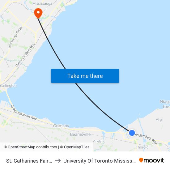 St. Catharines Fairview Mall to University Of Toronto Mississauga Campus map