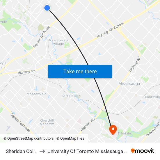 Sheridan College to University Of Toronto Mississauga Campus map