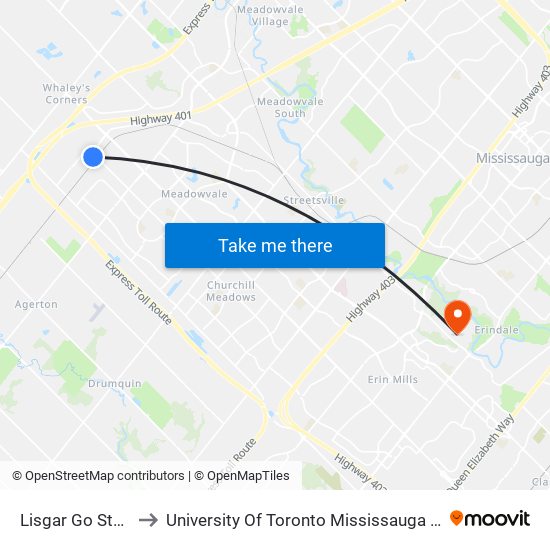 Lisgar Go Station to University Of Toronto Mississauga Campus map