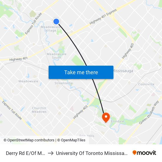 Derry Rd E/Of Mavis Rd to University Of Toronto Mississauga Campus map