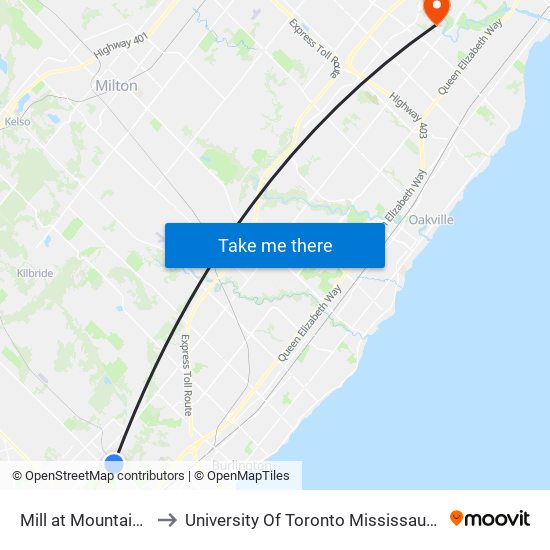 Mill at Mountain Brow to University Of Toronto Mississauga Campus map