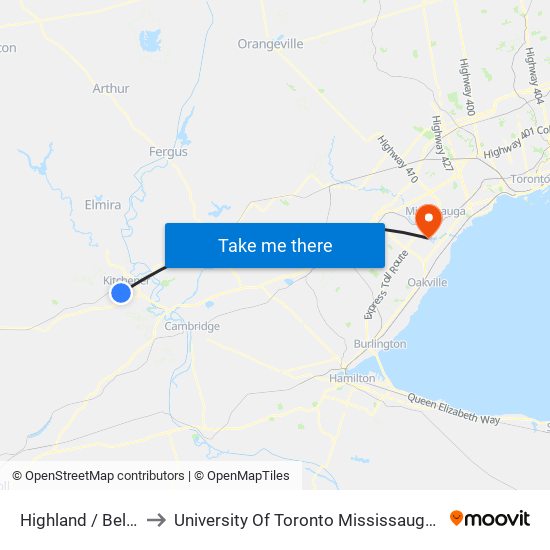 Highland / Belmont to University Of Toronto Mississauga Campus map