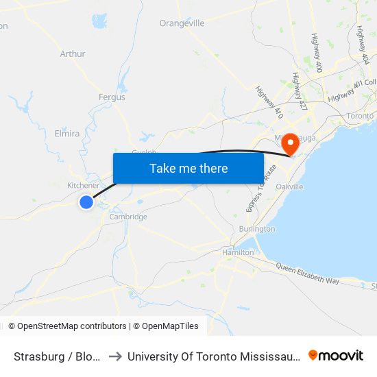 Strasburg / Block Line to University Of Toronto Mississauga Campus map