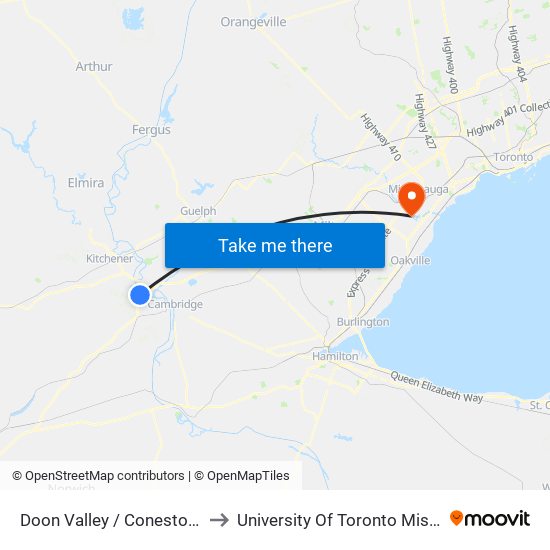 Doon Valley / Conestoga College Blvd. to University Of Toronto Mississauga Campus map