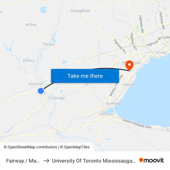 Fairway / Manitou to University Of Toronto Mississauga Campus map