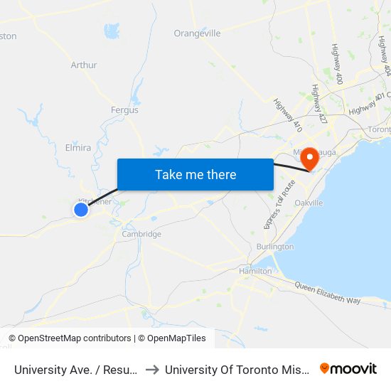 University Ave. / Resurrection C. S. S. to University Of Toronto Mississauga Campus map