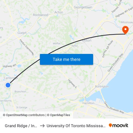 Grand Ridge / Inverness to University Of Toronto Mississauga Campus map