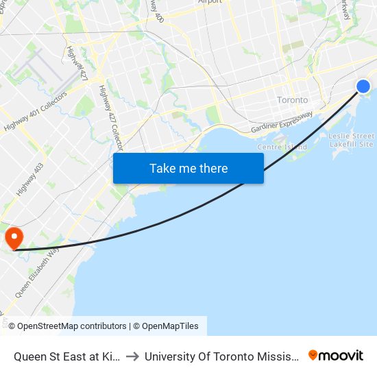 Queen St East at Kingston Rd to University Of Toronto Mississauga Campus map