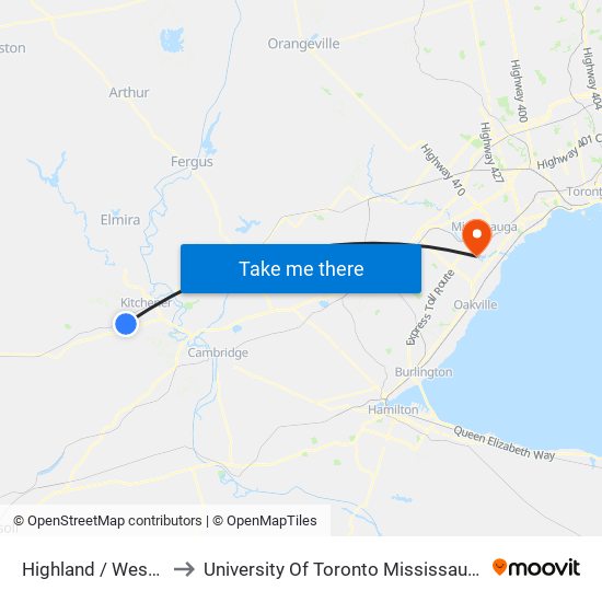 Highland / Westforest to University Of Toronto Mississauga Campus map