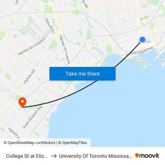 College St at Elizabeth St to University Of Toronto Mississauga Campus map