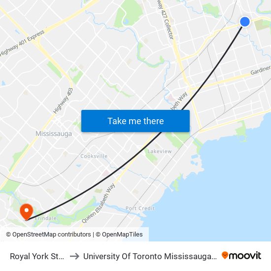Royal York Station to University Of Toronto Mississauga Campus map