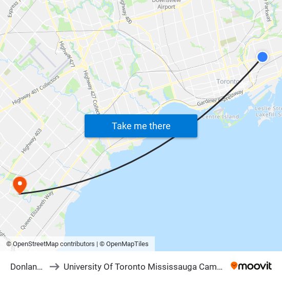 Donlands to University Of Toronto Mississauga Campus map