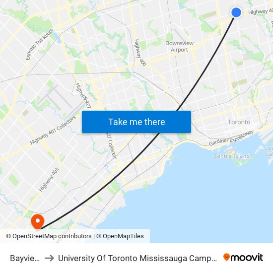 Bayview to University Of Toronto Mississauga Campus map