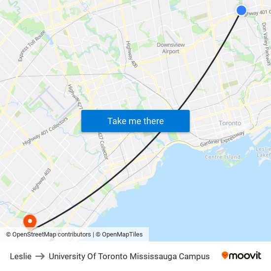 Leslie to University Of Toronto Mississauga Campus map