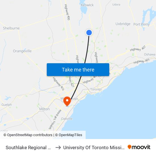 Southlake Regional Health Centre to University Of Toronto Mississauga Campus map