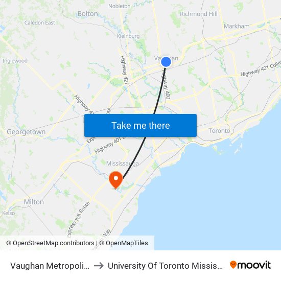 Vaughan Metropolitan Centre to University Of Toronto Mississauga Campus map