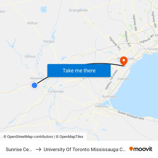 Sunrise Centre to University Of Toronto Mississauga Campus map